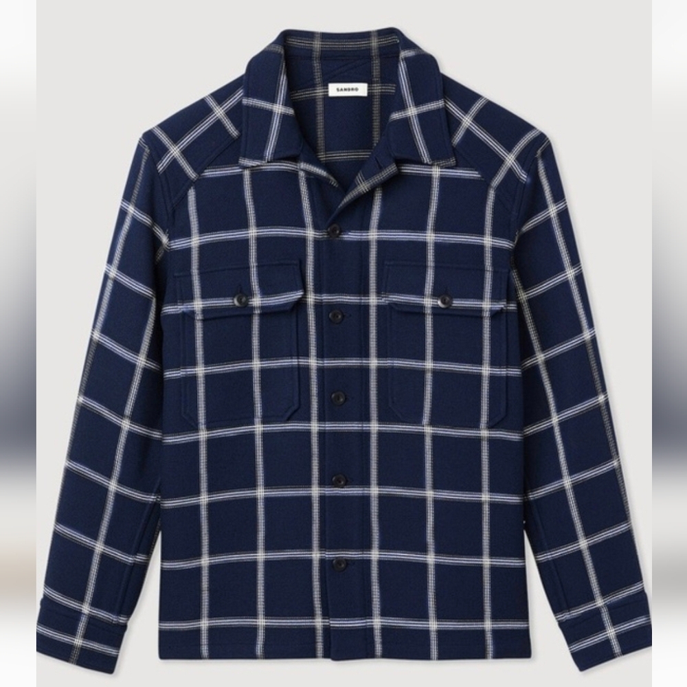 Sandro XXL Navy Plaid Flannel Button-Up Shirt
